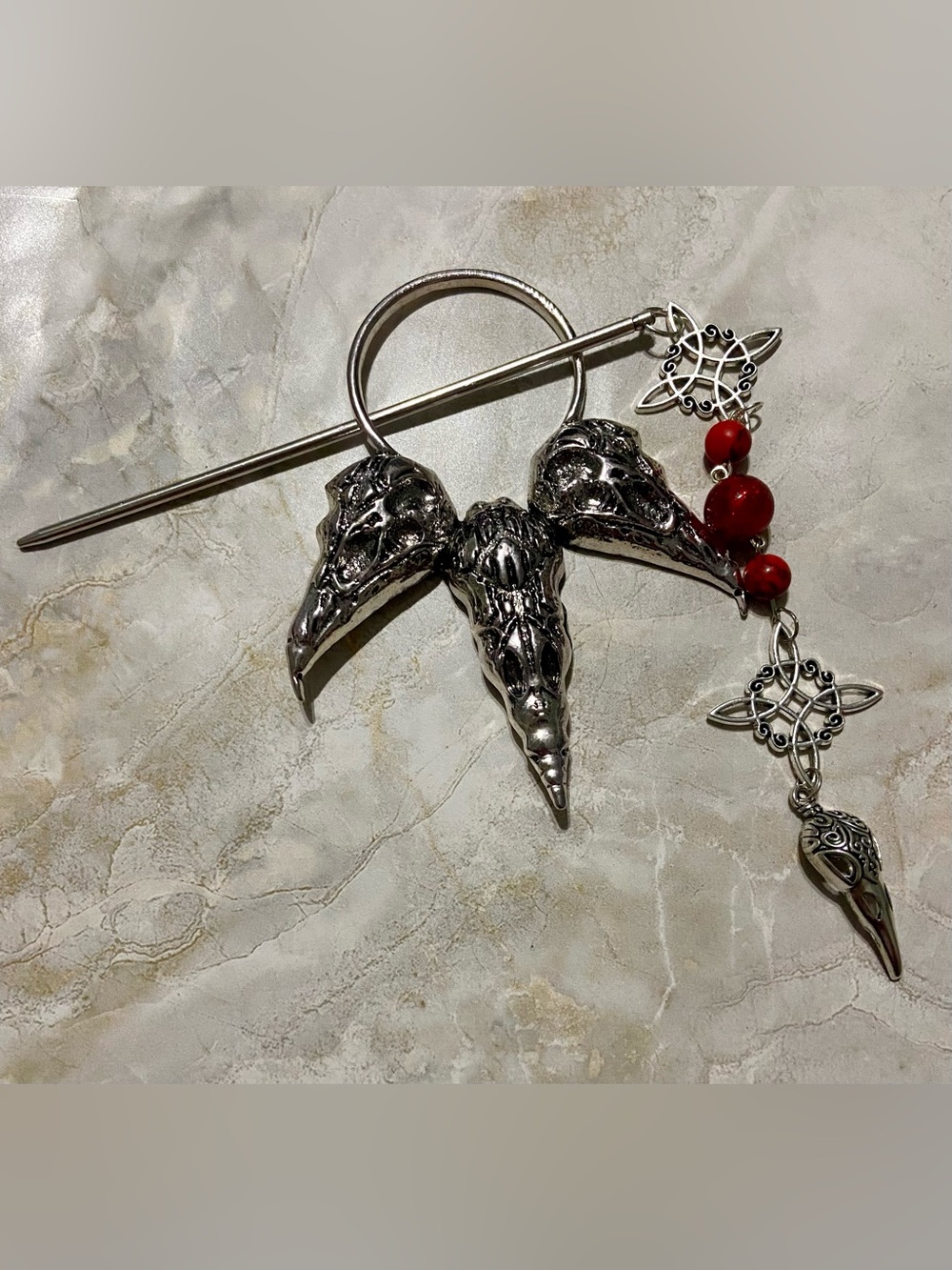 Silver Raven Skull hairpin with Red Bead Accents